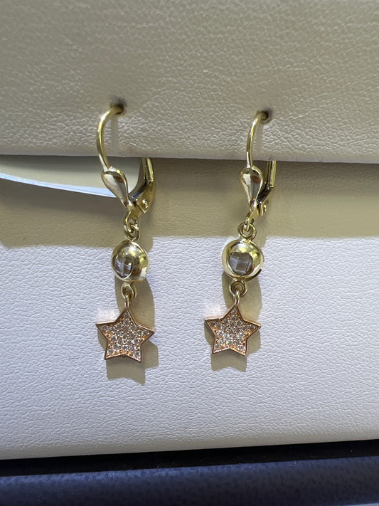 14k Two tone hanging earrings with star and stone