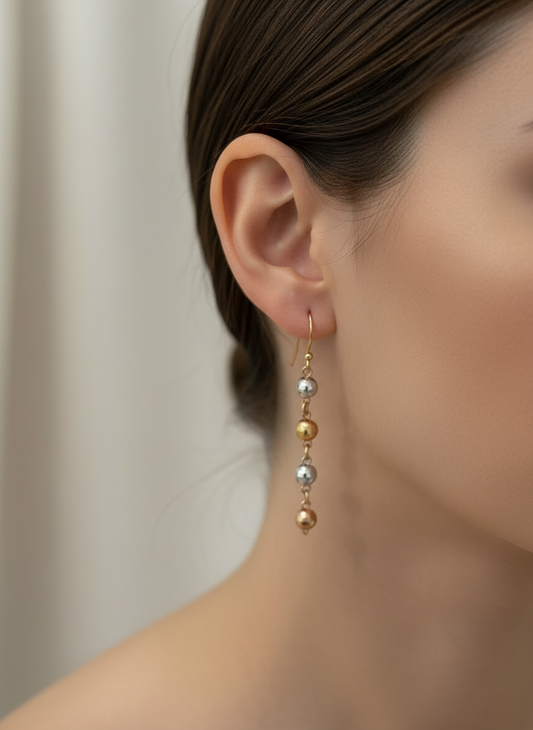 14k tri-colored long hanging earrings with balls