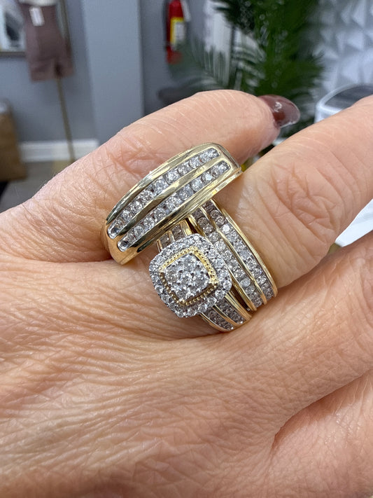 10k trio set wedding engagement 1.00ct natural diamond