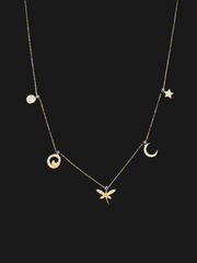 14k necklace with charms, stones, and evil eyes