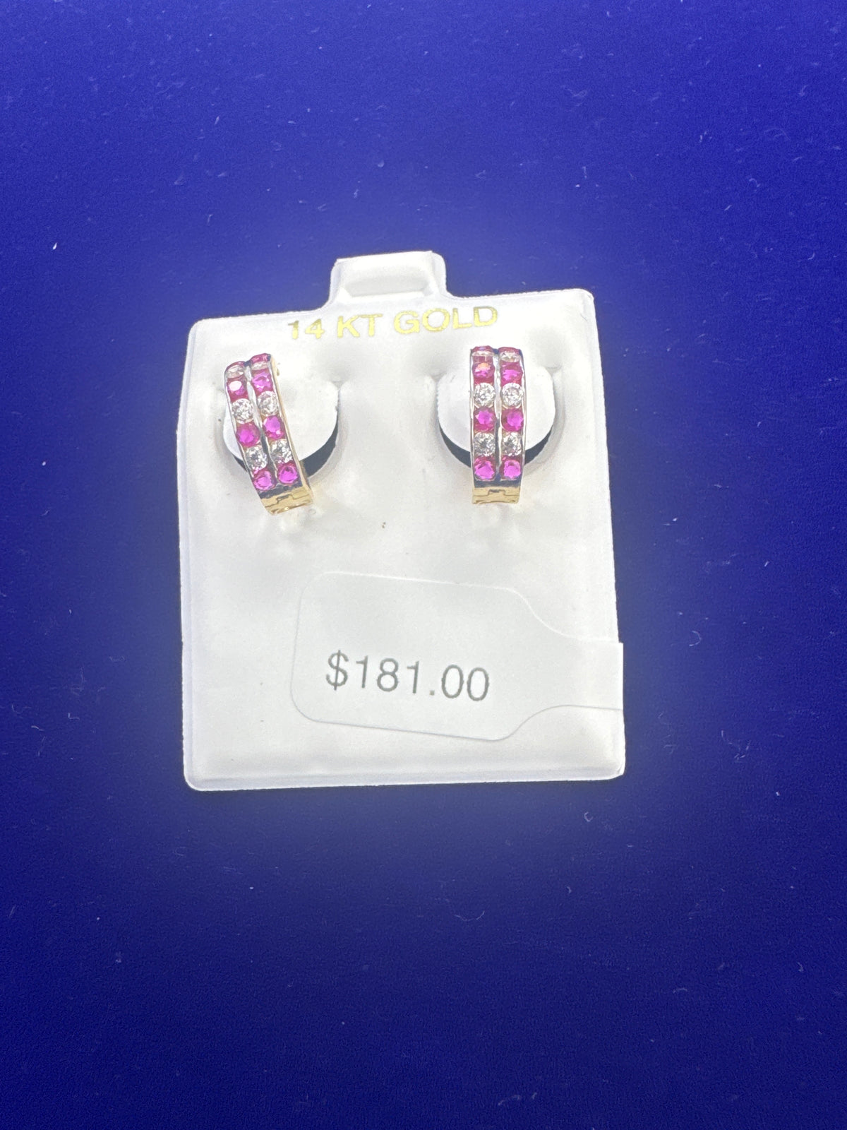 14k ladies earring Huggies with double pink stones