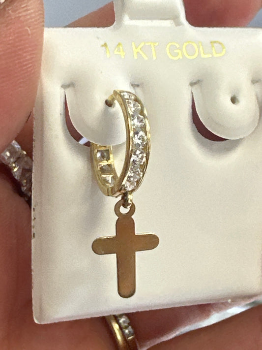 14k earings huggies with stones with hanging cross