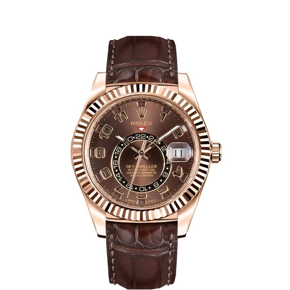 Rolex Sky-Dweller 42mm 18k Rose Gold Chocolate Dial Fluted Bezel Leather Watch 326135