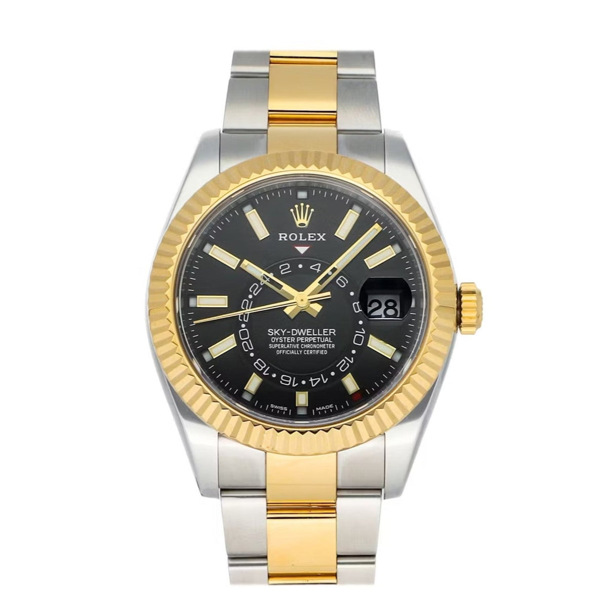 Rolex Sky-Dweller 42mm 2-Tone Stainless Steel & 18k Yellow Gold Black Dial Gold Fluted Bezel Oyster Watch 326933