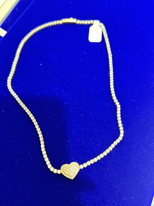 14k necklace heart 17” with stones yellow gold