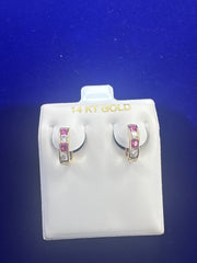 14k ladies earring Huggies with pink stones