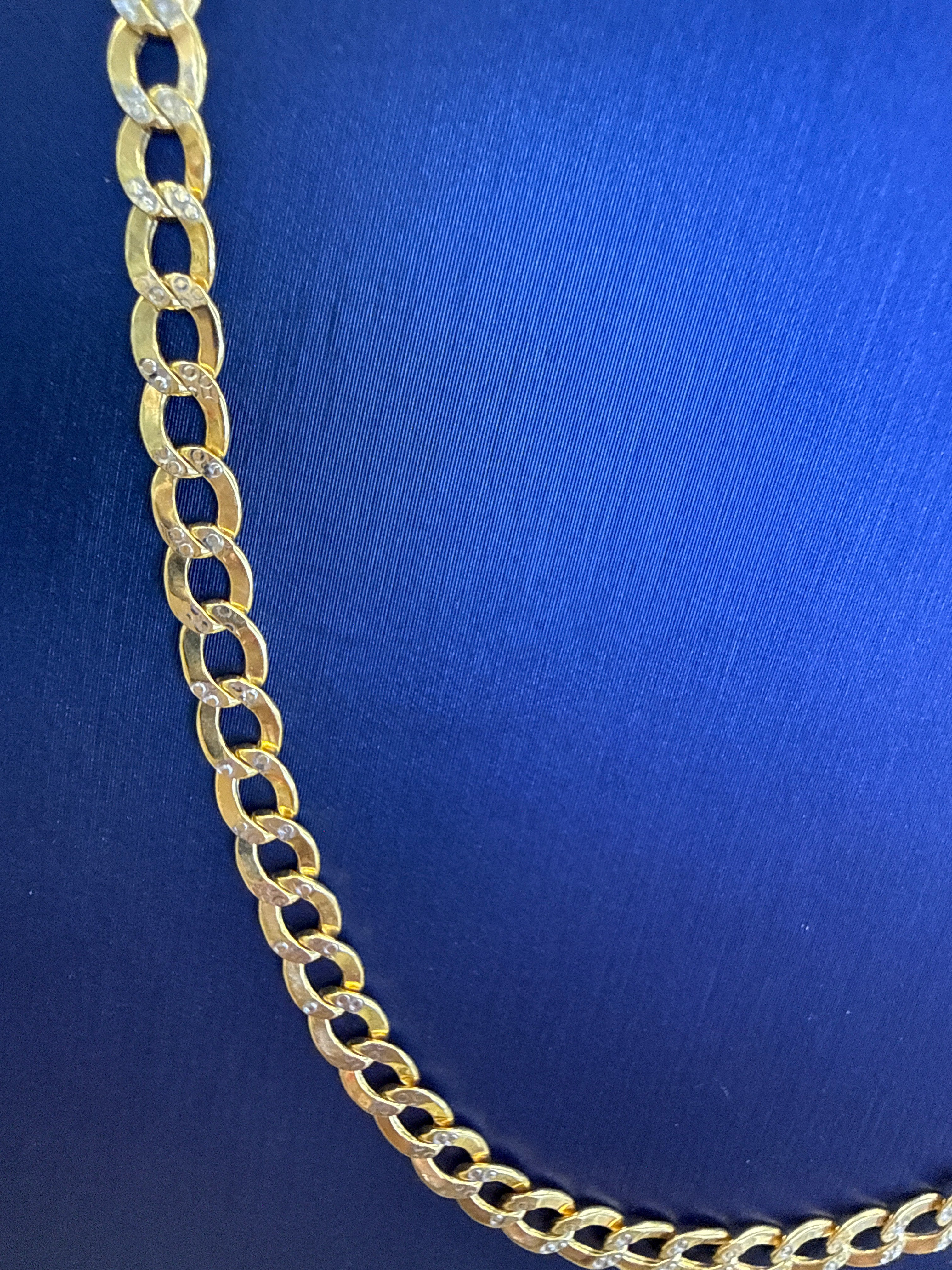 10k Necklace cuban style diamond cut white pave 18” semisolid 4.55mm 6.1g 2 tones