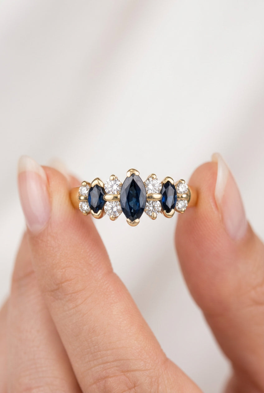 14k sapphire and oval diamonds ring