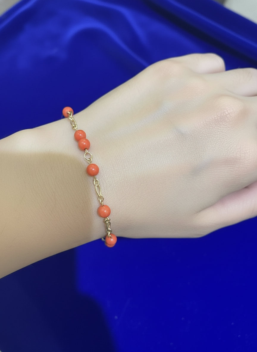 14k yellow gold with red beets coral stones bracelet