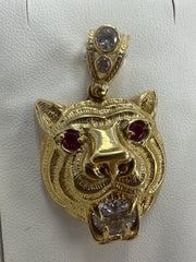 14k tiger pendant with pink & white stones