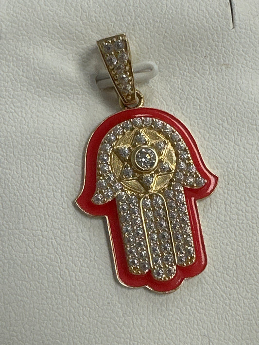 14k red fatima hand pendant con piedras