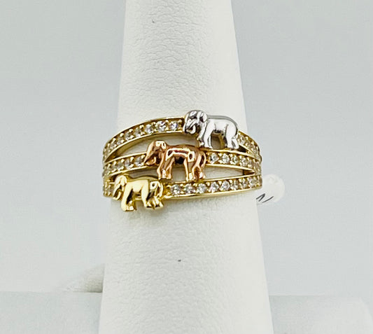 14k tri-colored ring with elephants and stones
