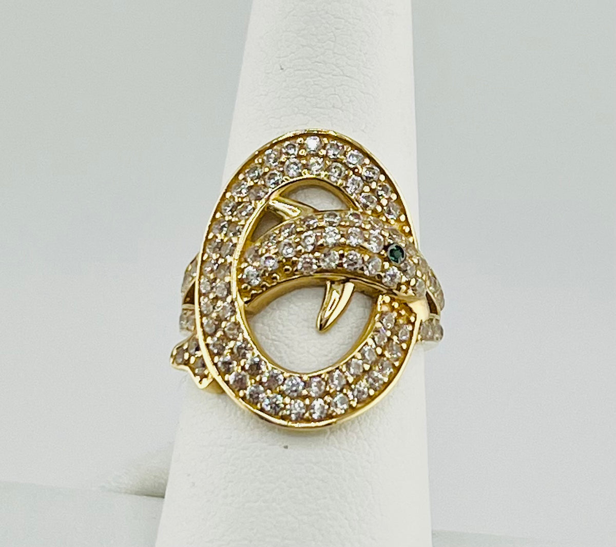 14k dolphin ring with green and white stones