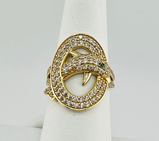 14k dolphin ring with green and white stones
