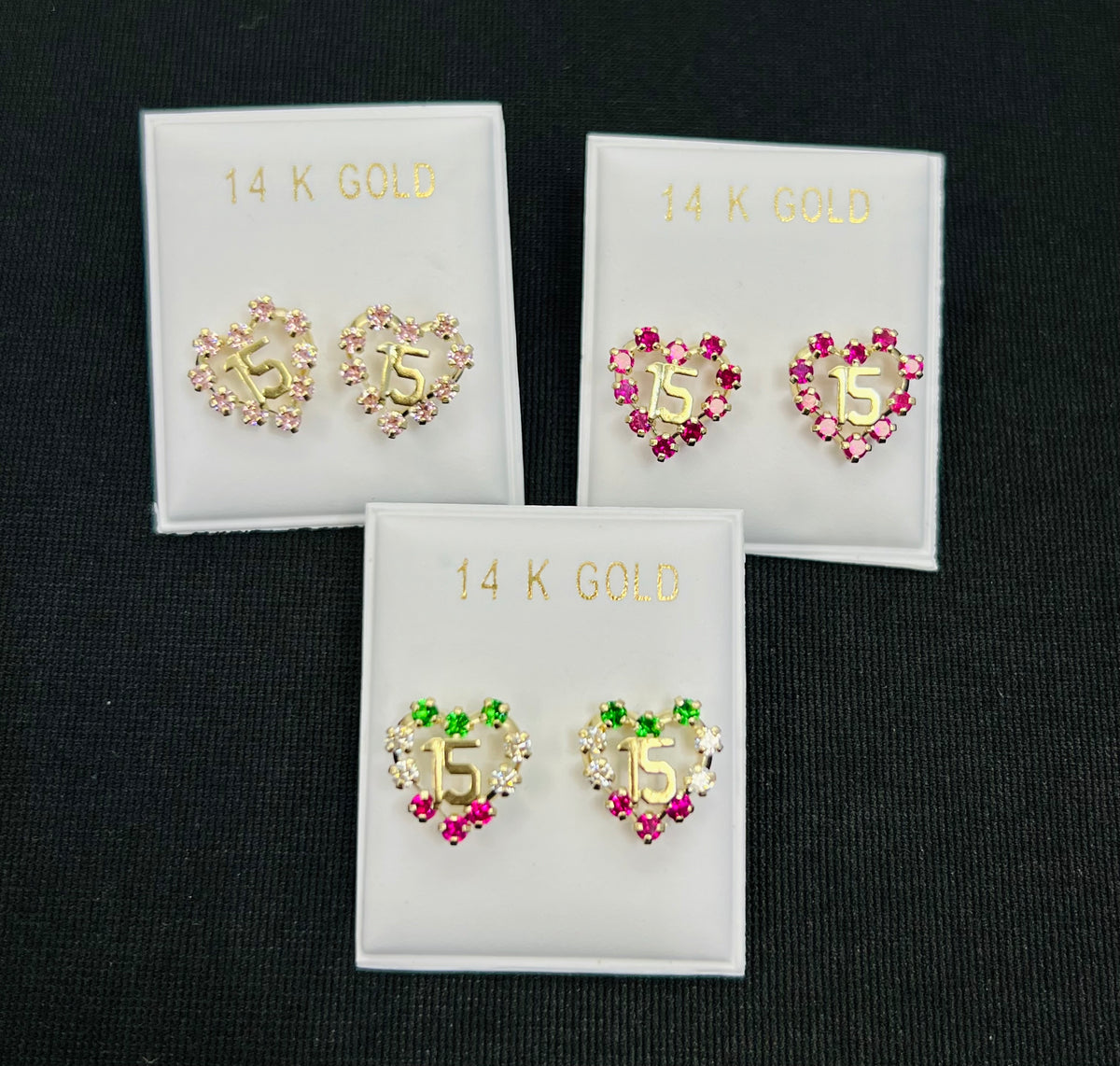 14k quince (15) earrings (call for available colors) ($145 each)