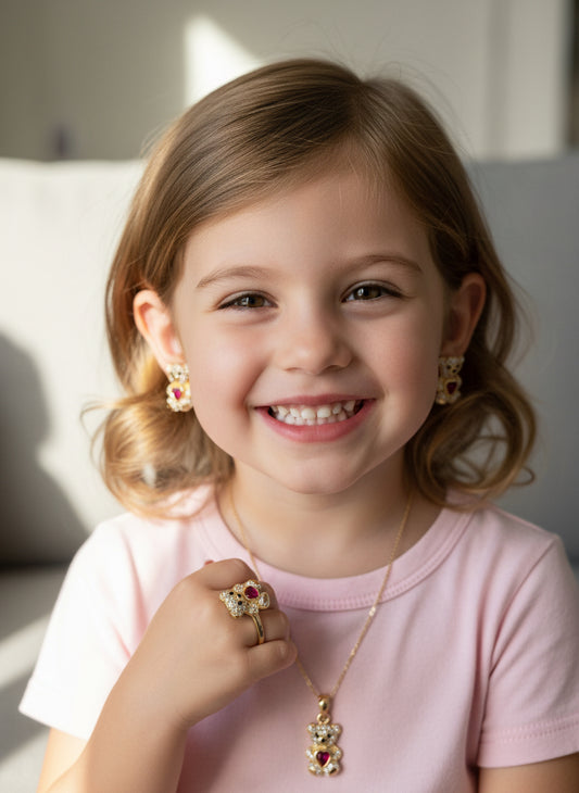 14k Earrings and pendant set teddy bear osito