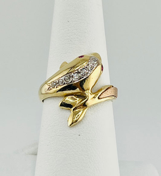 14k dolphin ring with white and red stones