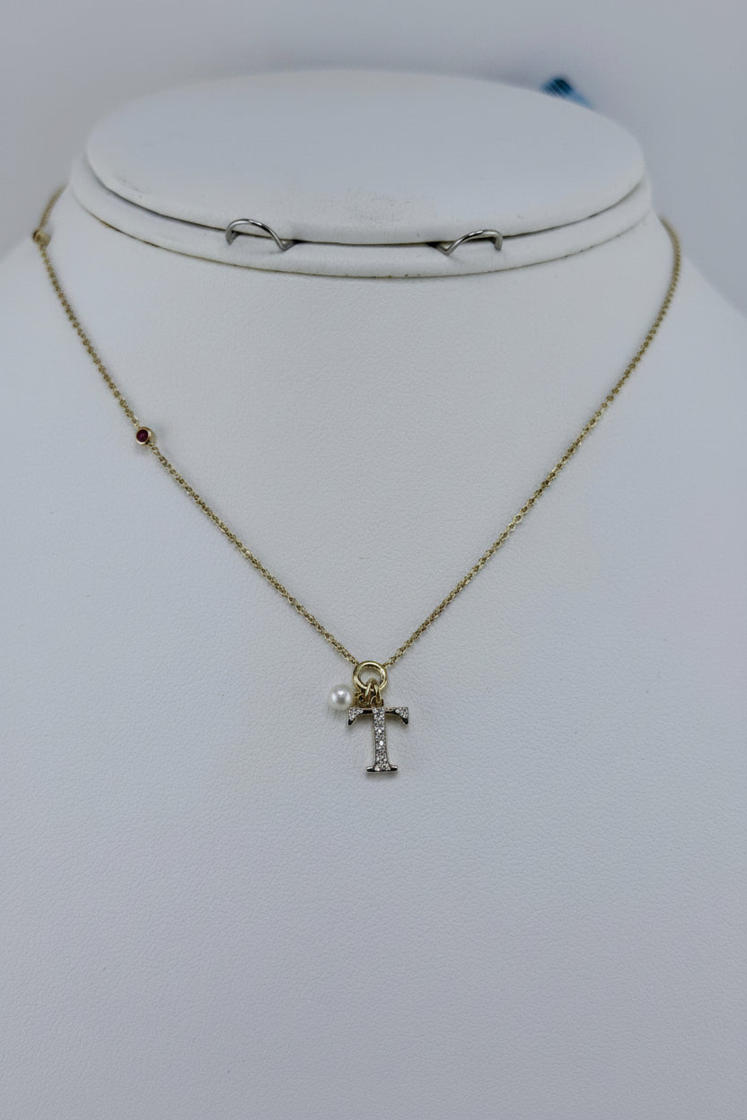 10k letter T necklace with diamond ruby and pearl
