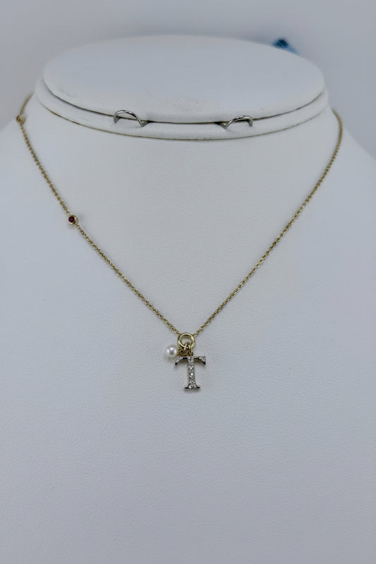 10k letter T necklace with diamond ruby and pearl