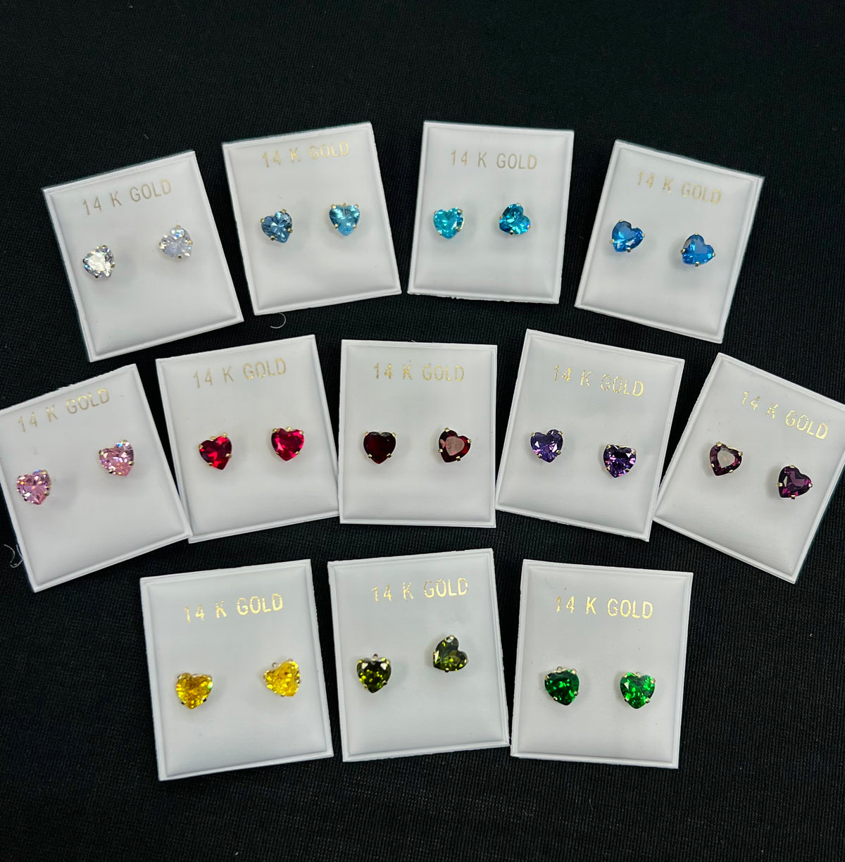 14k colored heart stone earrings (call for available colors) ($60 each)