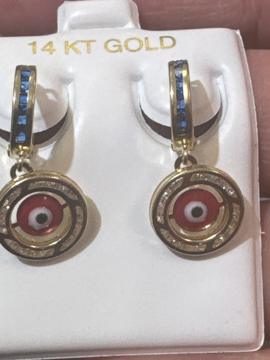 14k ladies earring huggies blue and red eye