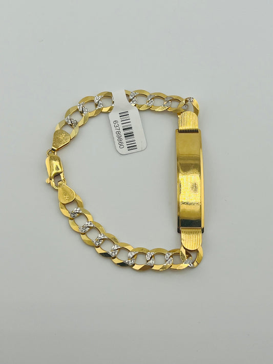 14k bracelet cuban link yellow with white diamond cut and ID plate 8” 9mm