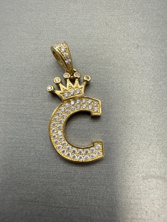 14k letter C pendant with crown and CZ’s stones