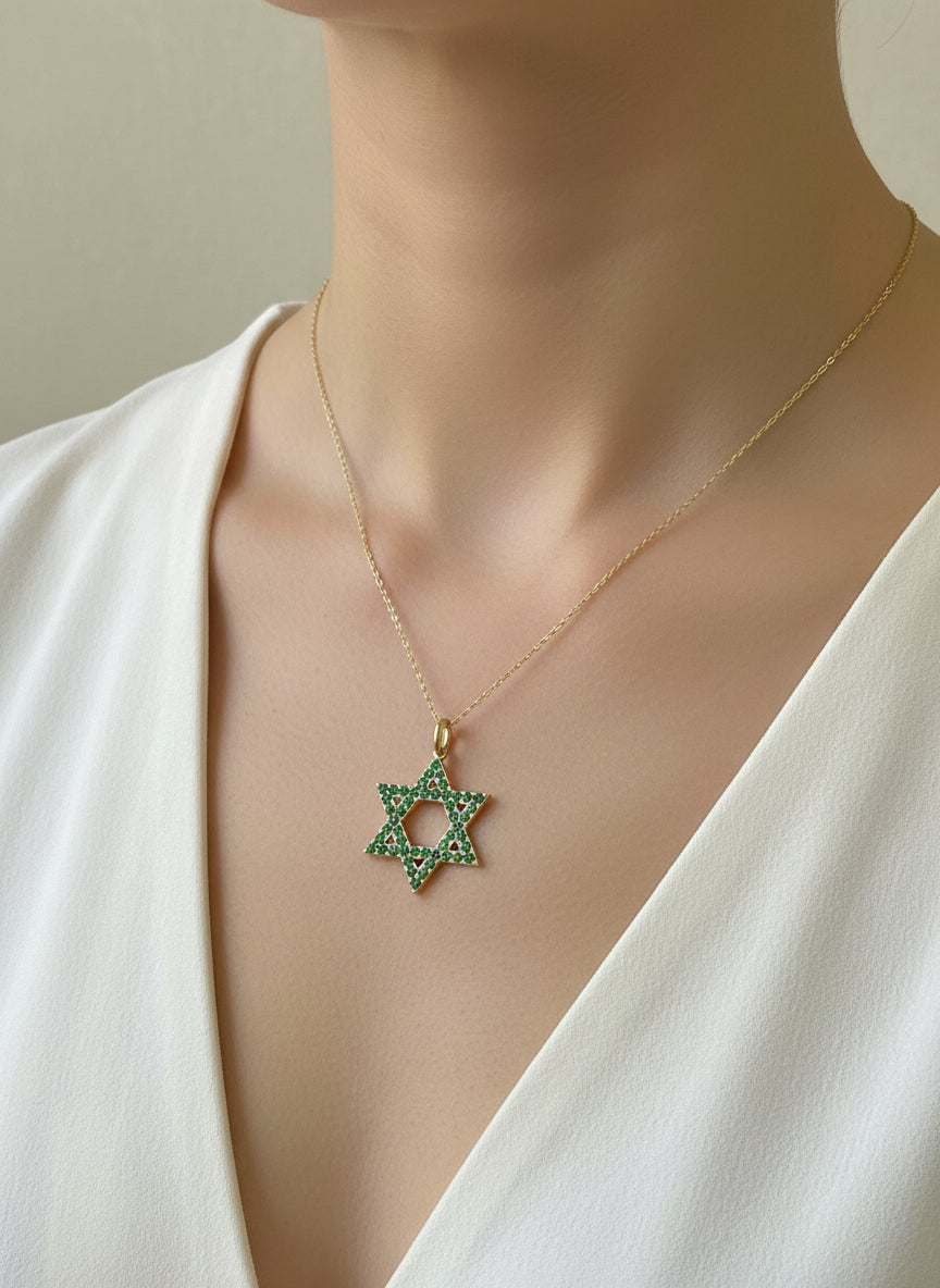 14k necklace .10 Emerald esmeralda star of david 17”