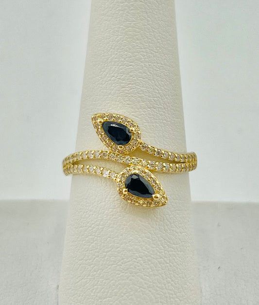 14k double leaf ring with black stones