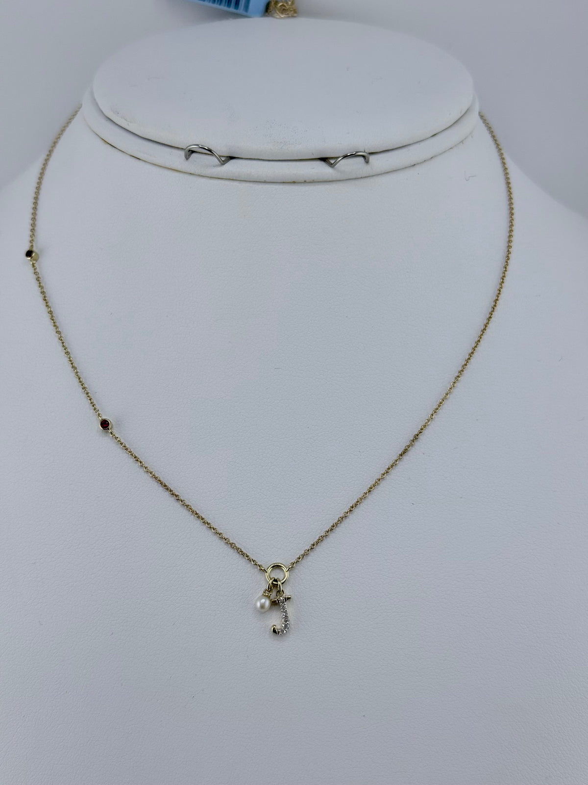 10k letter J necklace with diamond ruby and pearl