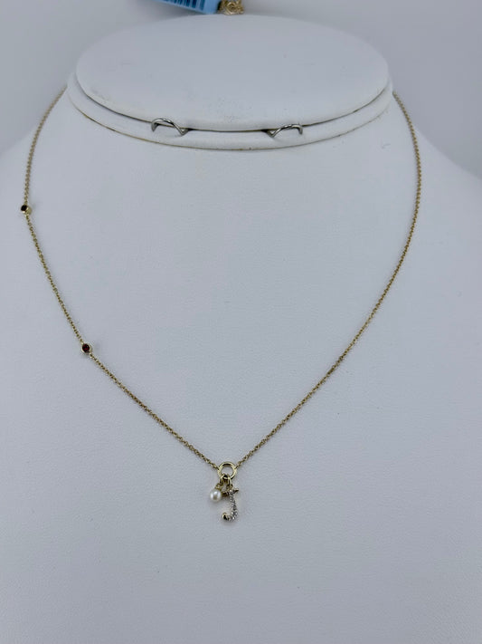 10k letter J necklace with diamond ruby and pearl