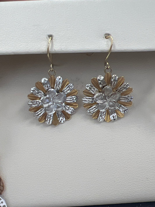 14k two toned hanging circle flower earrings