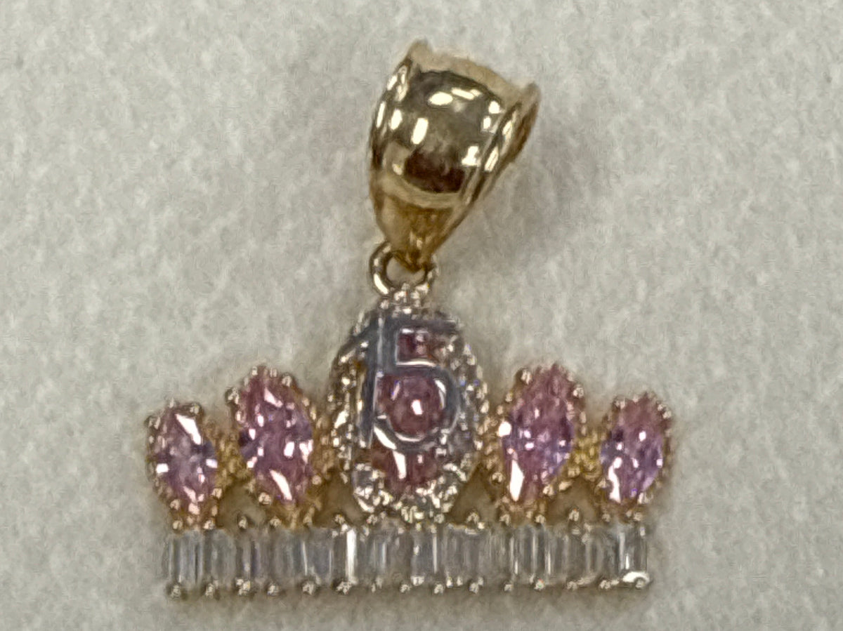 14k Quince (15) tiara pendant pink stones