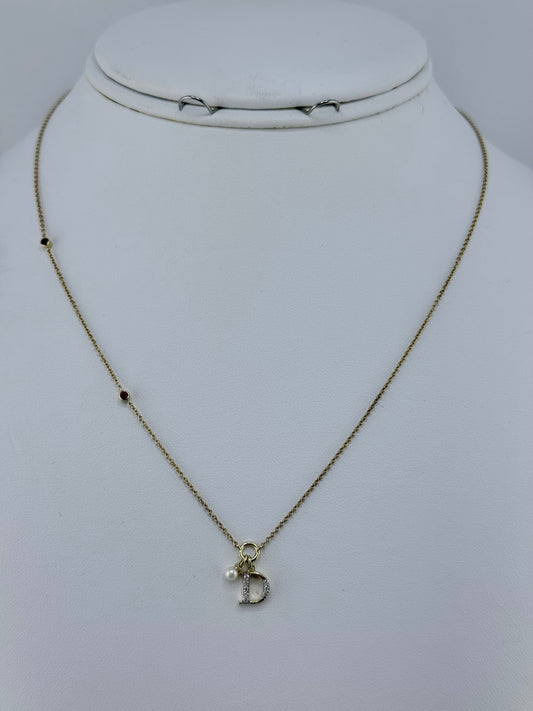 10k letter D necklace with diamond ruby and pearl