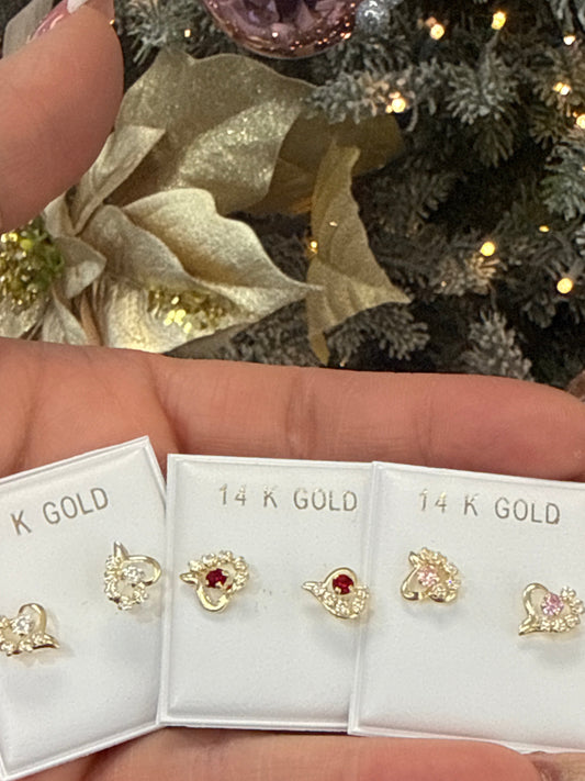 14k heart stone earrings red blue and white stones