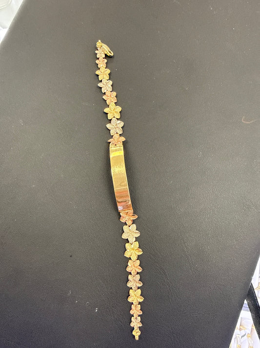 10k ID bracelet pink 3 color flowers 7”