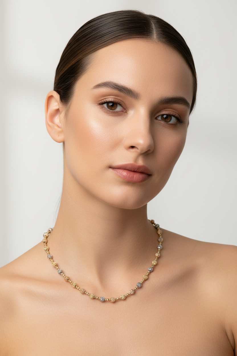 14k Necklace  3 color beats with diamond cut bolas 18” 12.65grams