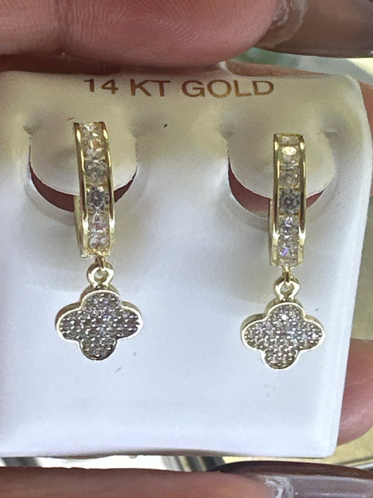 14k earings huggies with stones with hanging cross