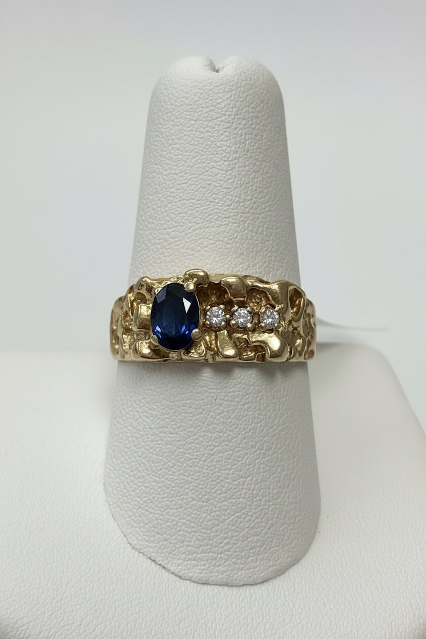 10k nugget style men ring  with Sapphire and Diamond  stone