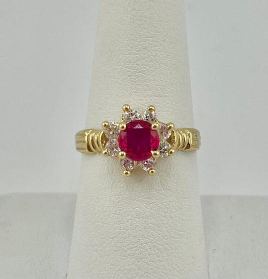 14k flower ring with big red stone