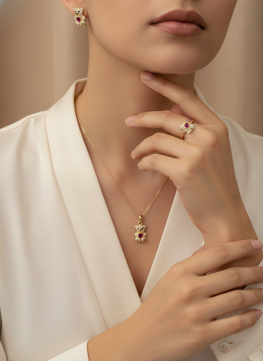 14k Earrings and pendant set teddy bear osito