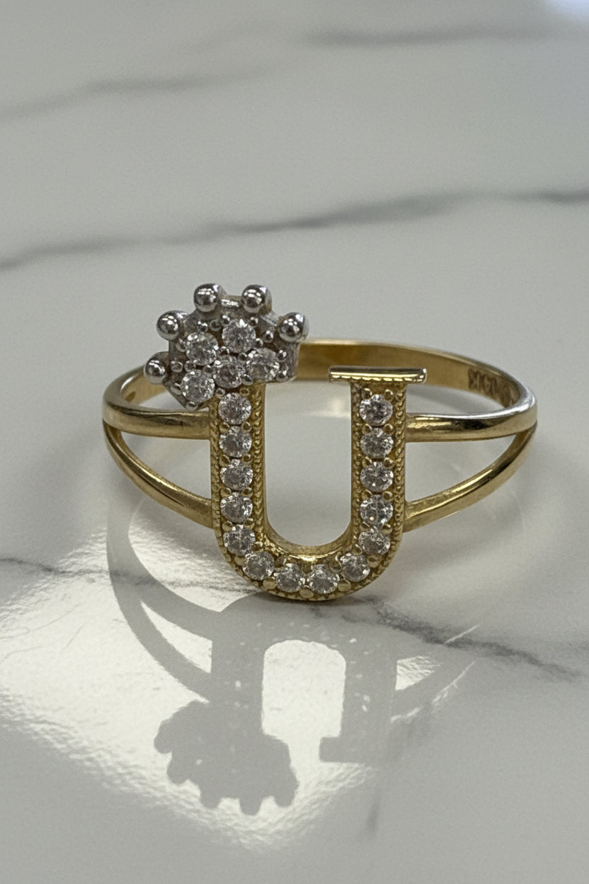 14k letter ring u with crown and stones