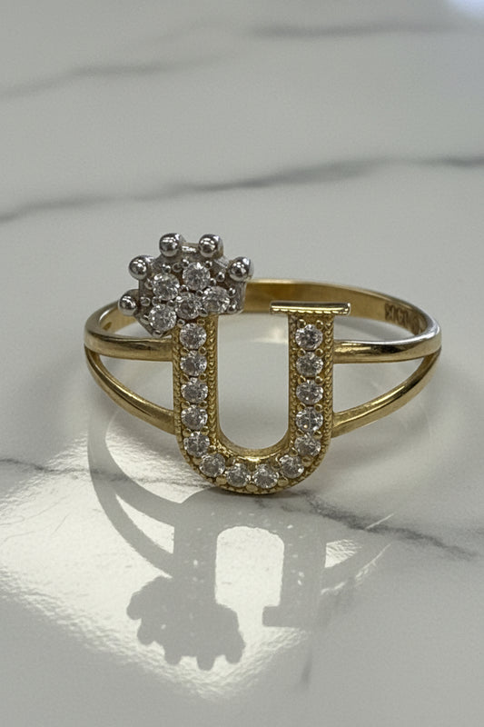 14k letter ring u with crown and stones