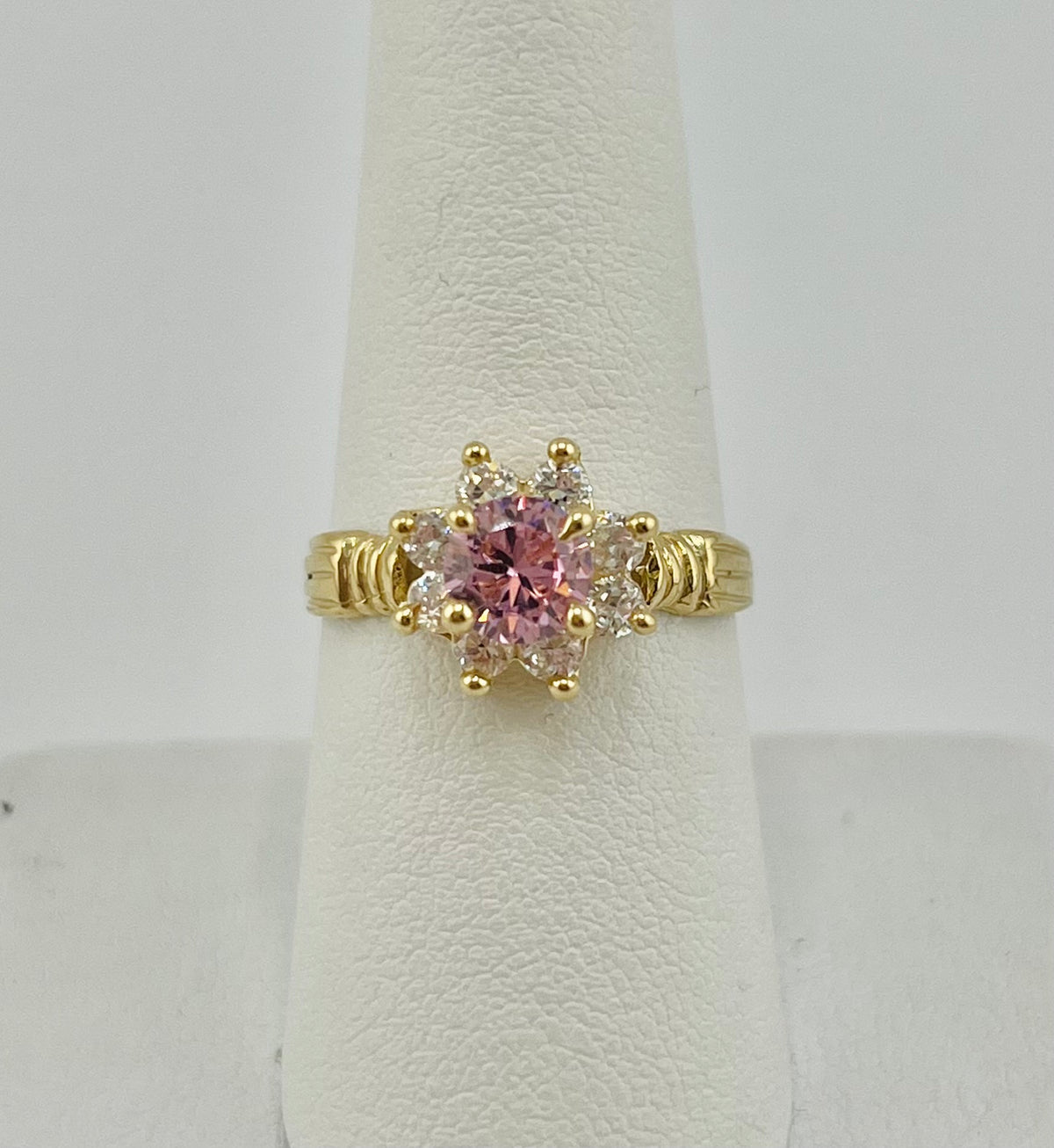 14k flower ring with big pink stone