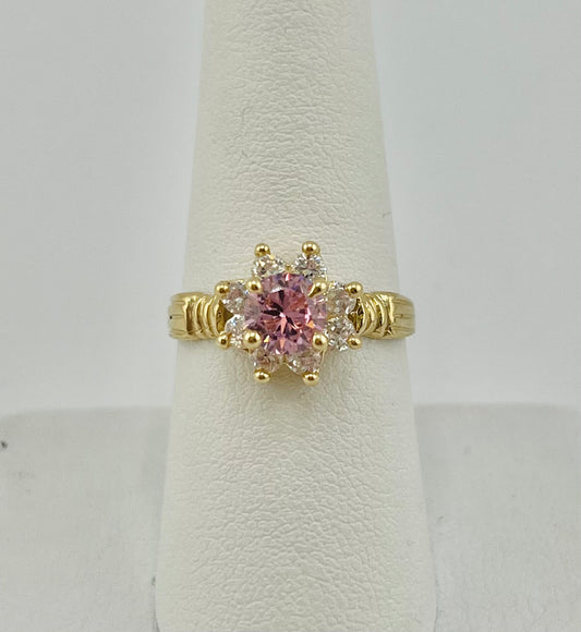 14k flower ring with big pink stone