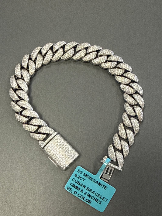 925 Silver Cuban style Bracelet With moissanite 8.2ct 12mm