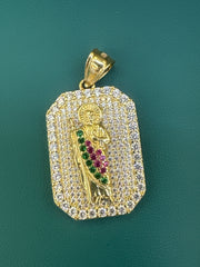 14k Christian pendant san Judas color pink and green stones
