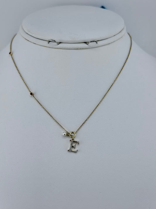 10k letter E necklace with diamond ruby and pearl