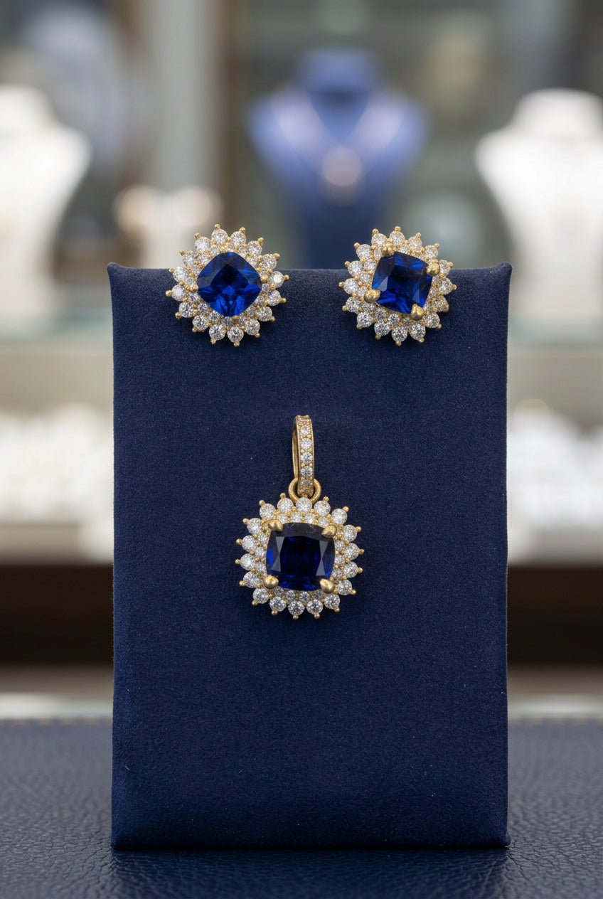 10k dark Blue stone set earrings and pendant with halo