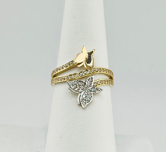14k tri-colored ring with butterflies and stones